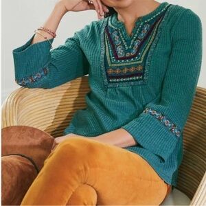 Soft Surroundings Gabriel Waffle Knit Embroidered Beaded Top In Pine Grove